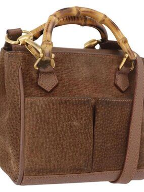 GUCCI Bamboo Hand Bag Suede 2way Brown Gold 007 2214 0238 Auth hk3502